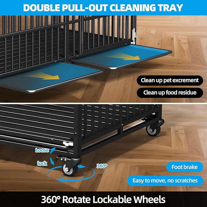 64" Heavy Duty Dog Crate Indestructible Dog Pet Kennel Cage for Extra Large Giant Breeds Double Doors Locakable Wheels High Anxiety Escape Proof Pet Dog Playpen
