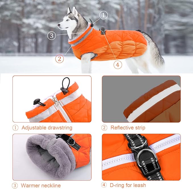 Lelepet Warm Dog Winter Coat Cold Weather Jacket Windproof Reflective Turtleneck Vest with Plush Neckline D-Ring for Leash Thick Fleece Lining Jacket Pet Apparel for Small Medium Large Dogs,xx-large