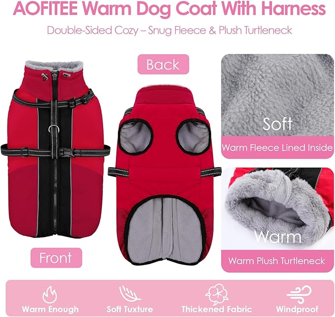 AOFITEE Dog Coat, Windproof Turtleneck Dog Jacket with Built in Harness, Reflective Dogs Jackets with Fleece Lining, Waterproof Pet Winter Coat for Cold Weather for Border Collie, Beagle, Red XL