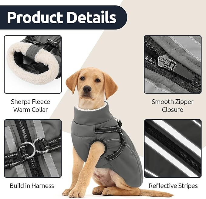 Dog Winter Coat with Harness Built in Warm Puffer Dog Jackets for Small Medium Large Dogs Windproof Waterproof Outfit with Plush Lining and Reflective Stripes (Grey, 2XL)