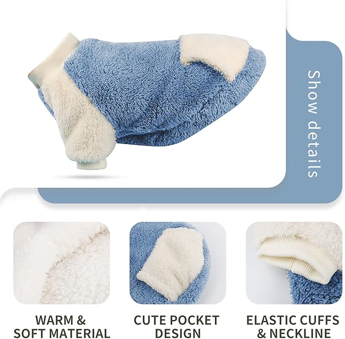LESYPET Dog Sweater for Small to Medium Dogs, Fleece Lining Puppy Sweatshirt in Winter, Warm Puppy Clothes Pullover Jumper, Blue L