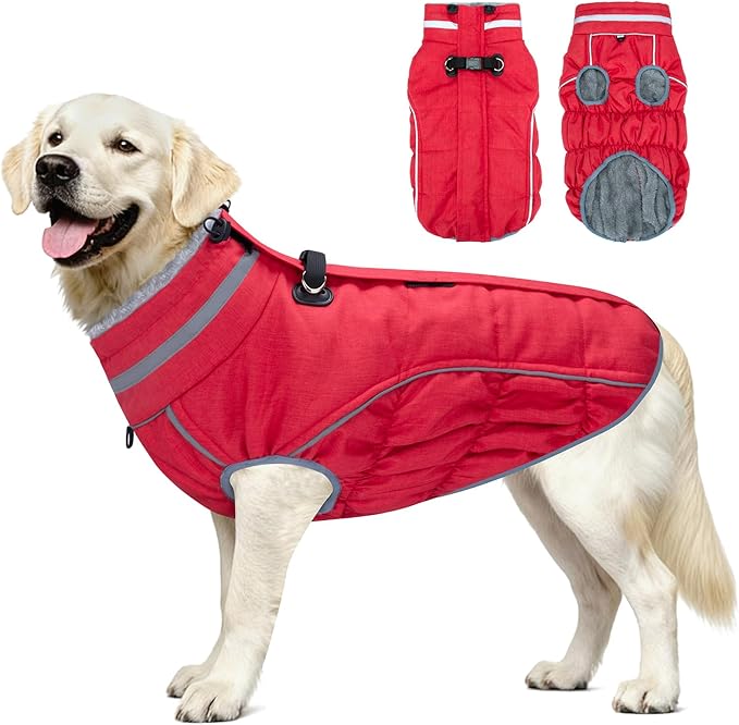 Malier Dog Coat, Reflective Dog Jacket Waterproof Windproof Puppy Cold Weather Coats with Harness Built in, Winter Extra Warm Pet Coat Fleece Vest for Small Large Pets and Puppy (Red, XXX-Large)