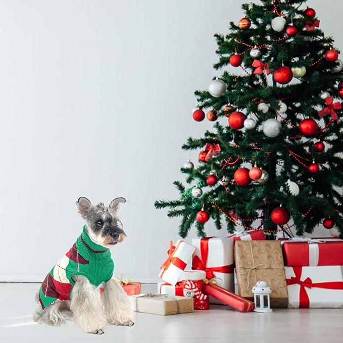 KOOLTAIL Dog Christmas Sweater Pet Knitted Clothes - Classic Plaid Pull Over Turtleneck Dog Sweaters with Leash Hole Warm Dogs Winter Clothing for Small Medium Dogs Cats Puppy (Green & Red SM)