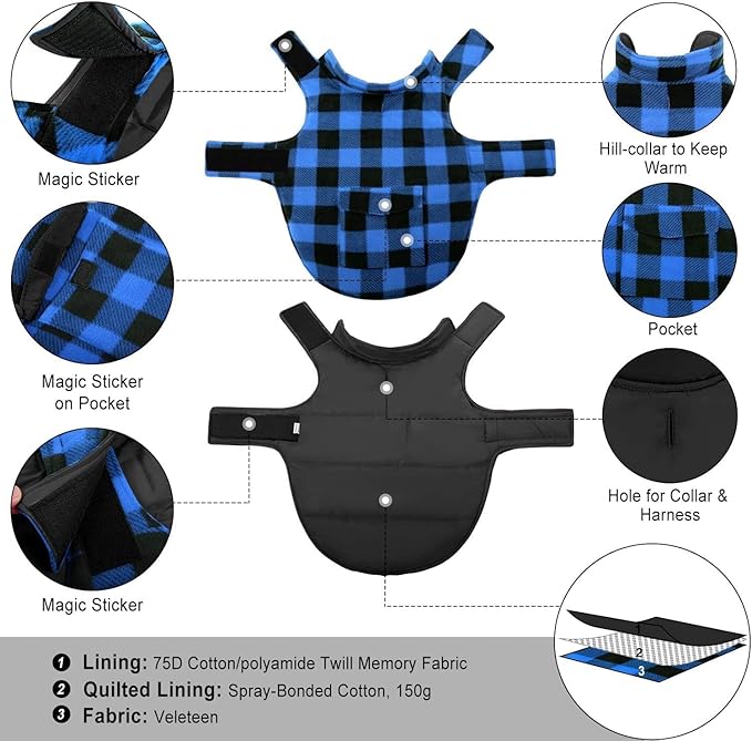 ASENKU Dog Winter Coat, Fleece Doggie Jacket Plaid Reversible Vest Waterproof Windproof Cold Weather Clothes for Small Medium Large Dogs (S, Blue)
