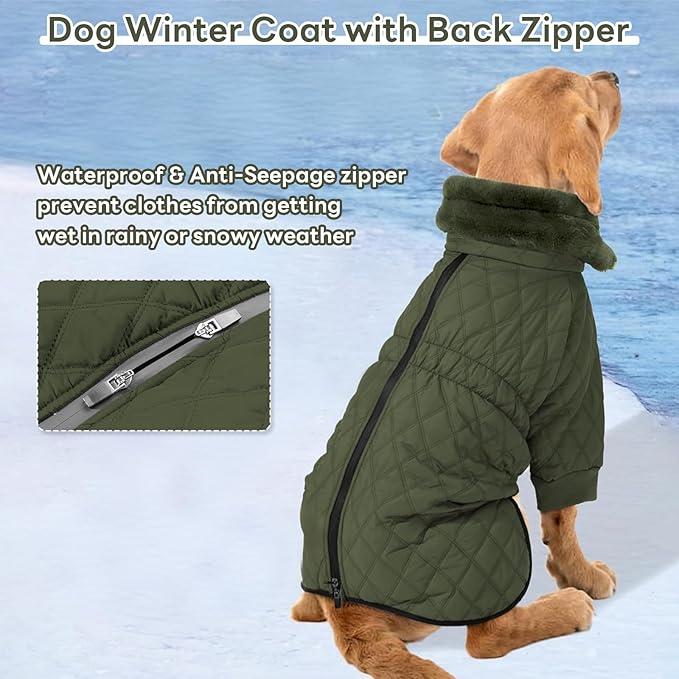 IDOMIK Dog Winter Coat for Large Dogs, Warm Dog Winter Jacket with Fleece High Collar, Zippered Cold Weather Coats for Dogs, Waterproof Doggy Snow Jacket Clothes,Green,L