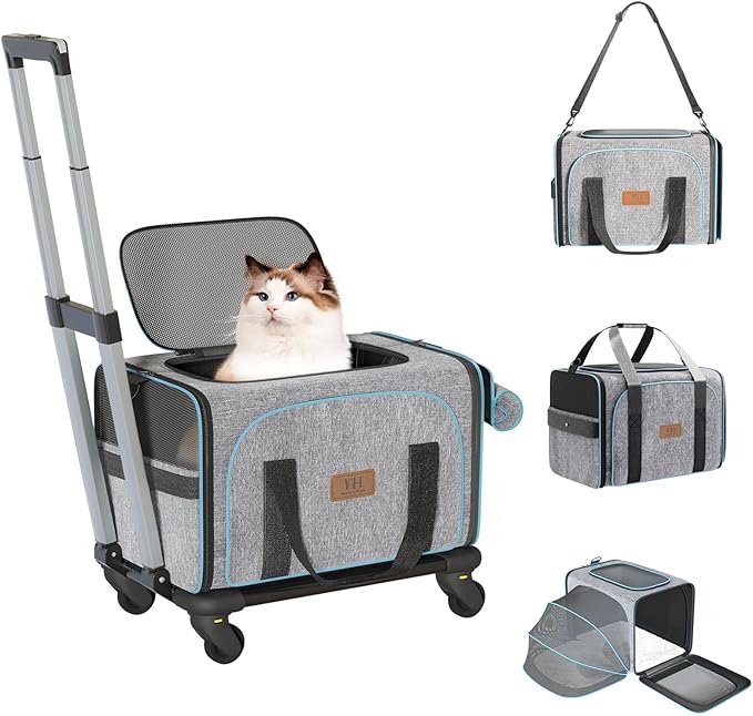 Western Home Expandable Cat Carrier with Wheels Airline Approved, Removable Soft Carrier, Rolling Cat Carrier for Puppy and Kitten with Telescopic Handle Suitable for Traveling/Hiking/Camping