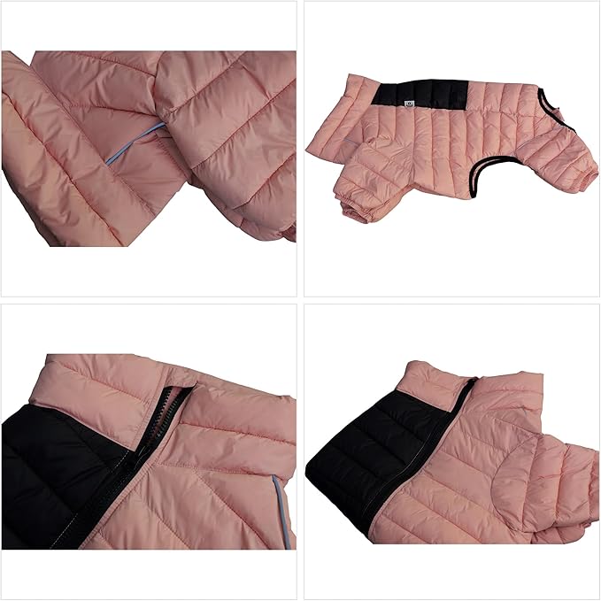 lovelonglong Dog Coat Dog Warm Jacket, 4 Legs Covered Waterproof Windproof Reflective Warm Dog Vest, Zippered Adjustable Outdoor Dog Snow Jacket for Small Medium Large Dogs Lotus Pink M