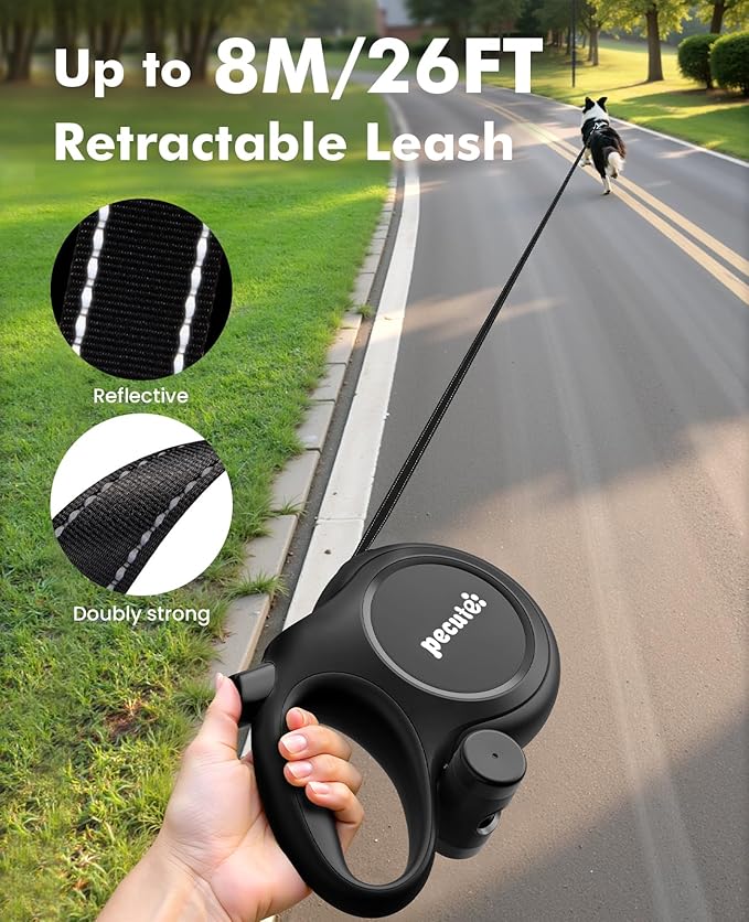 26ft Retractable Dog Leash with Chew Proof Extender, 2025 Upgraded Heavy Duty Retractable Pet Leash with Poop Bag Holder, Anti-Slip Grip, Reflective Leashes for Medium Large Dogs up to 110 lbs(Black)