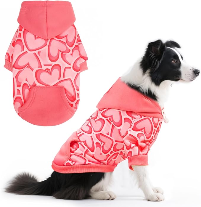 PUPTECK Fall Winter Dog Hoodie Pet Sweatshirt Soft Warm Clothes Fleece Lined with Hat for Small Medium Large Dogs, Pocket Design, Pink L