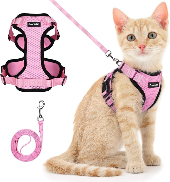 Dooradar Cat Harness and Leash Set, Escape Proof Safe Adjustable Kitten Vest Harnesses for Walking, Easy Control Soft Breathable Mesh Jacket with Reflective Strips for Cats, Pink, XXS