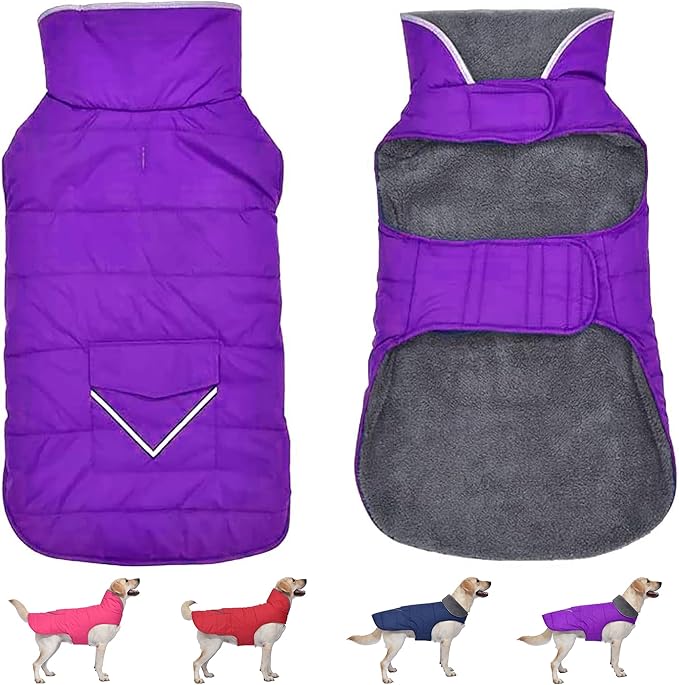 Dog Coat, Waterproof Dog Winter Jacket with Pocket, Reflective Adjustable Pet Snow Vest, Warm Cozy Fleece Sweater for Small Medium Extra Large Dogs - Purple, M