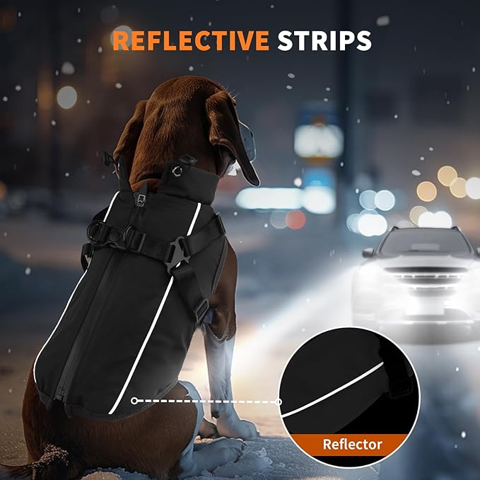Dog Winter Coat Reflective Water-Resistant Jacket, Fleece Lined Windproof Puppy Coat with Back Zipper & D-Ring, Cold Weather Dog Coats for Small Medium Large Dogs (L, Black)