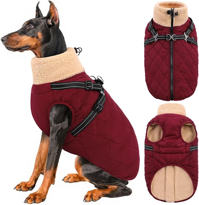 Queenmore Dog Jacket, Dog Coats for Large Dogs, Large Pet Coat with Harness Built in, Thick Fleece Snow Jacket for Extra Large Breeds, Waterproof Windproof Pet Apparel Cold Weather, Burgundy 3XL