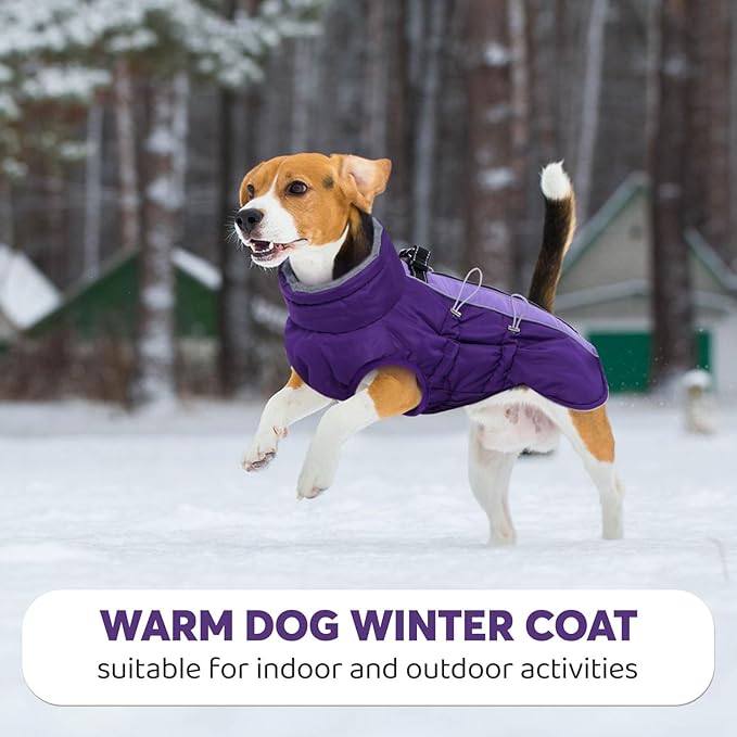 IDOMIK Warm Dog Coat with Harness, Waterproof Reflective Dog Jackets for Small Medium Large Dogs, Fleece High Collar Winter Jacket with Zipper, Pet Winter Snowsuit Clothes for Cold Weather,Purple 2XL