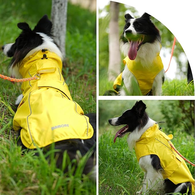 Waterproof Dog Raincoat with Reflective Strip, Adjustable Breathable Rain Coat Jacket with Leash Hole for Dogs (Yellow, X-Small)