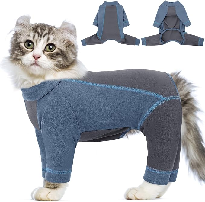 SUNFURA Hair Sticky Cat Clothes, Cat Sweater for Cats Only, 4-Legged Fleece Sweaters Kitten Pajamas Reduce Shedding Fur, Warm Pullover Shirts for Cats, Blue M