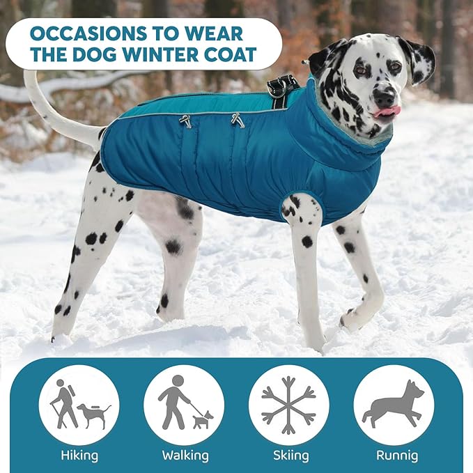 IDOMIK Warm Dog Coat with Harness, Waterproof Reflective Dog Jackets for Small Medium Large Dogs, Fleece High Collar Winter Jacket with Zipper, Pet Winter Snowsuit Clothes for Cold Weather,Blue S