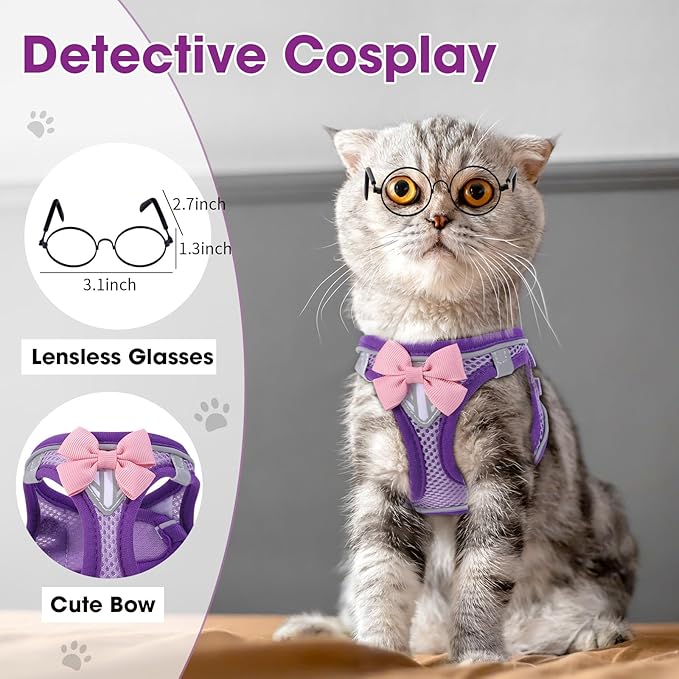 Cat Vest Harness and Leash Set for Walking Escape Proof, Adjustable Kitten Harness Breathable Mesh with Reflective Strips Harness for Kitty Puppy Bunny (Purple, S)