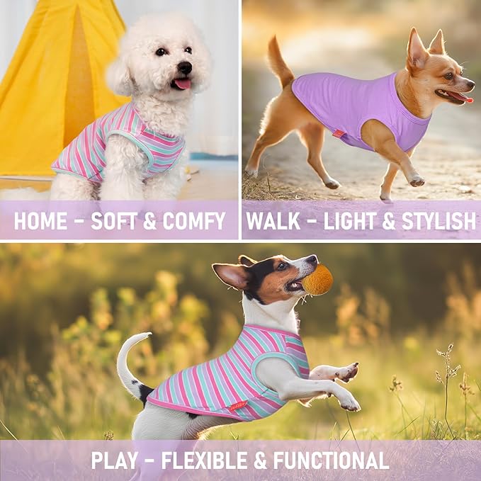 KYEESE 2Pack Dog Shirts Small Tee Soft for Small Dogs Striped T Shirt Lightweight Sleeveless Vest Cotton Tank Top Clothes, Large,Purple+Orange Striped