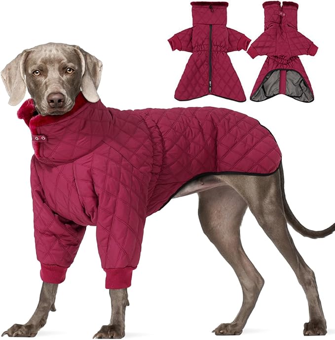 IDOMIK Dog Winter Coat for Large Dogs, Warm Dog Winter Jacket with Fleece High Collar, Zippered Cold Weather Coats for Dogs, Waterproof Doggy Snow Jacket Clothes,WineRed,XL