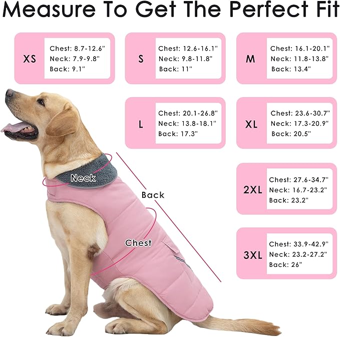 Dog Coat, Waterproof Dog Winter Jacket with Pocket, Reflective Adjustable Pet Snow Vest, Warm Cozy Fleece Sweater for Small Medium Extra Large Dogs - Light Pink, 2XL