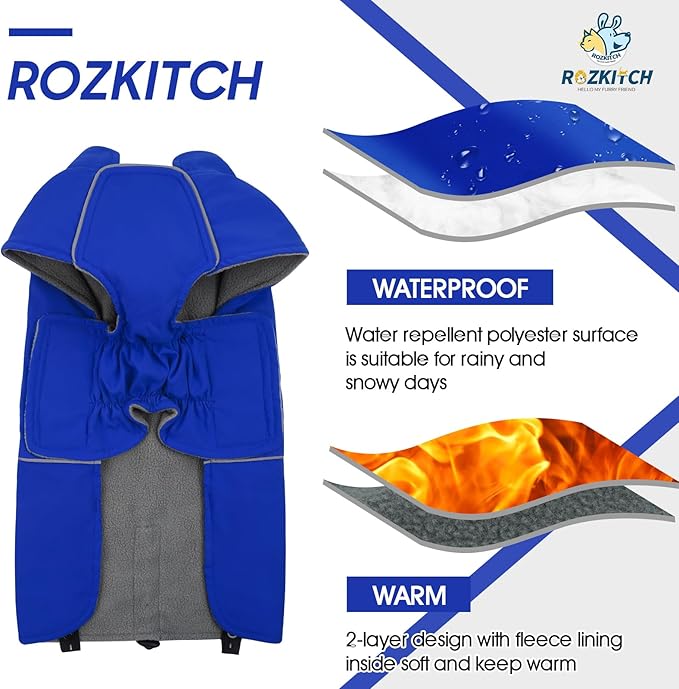 ROZKITCH Dog Snowsuit Raincoat Jacket, Waterproof Rain Jacket with Fleece Liner and Leash Hole Reflective Strip for Medium Large Dog, Adjustable Poncho Vest for Outdoor Hiking Travel Blue XL