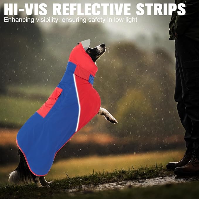 BINGPET Adjustable Dog Rain Jacket, Waterproof, Snowproof, Windproof - Reflective Striped Clear Hooded Slicker Poncho (Red-Blue, L)