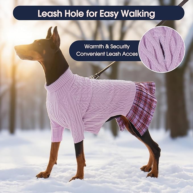 IECOii Girl XXXL Dog Sweater Dress, Girl Dog Sweaters for Extra Large Dogs Turleneck, Purple,XXXLarge, Thermal Warm Knitwear with Leash Hole, Adorable Cable Knit Sweater for Christmas & Thanksgiving