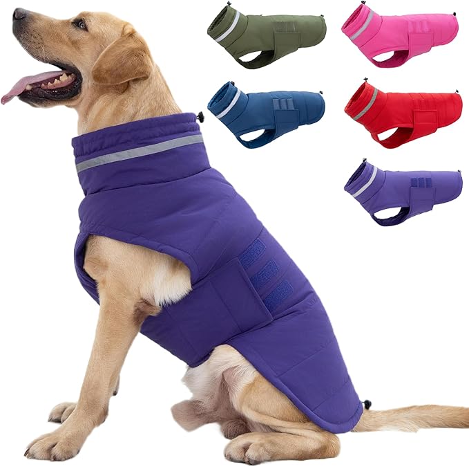 Dog Coat, Waterproof Winter Jacket, Warm Windproof Vest, Reflective Adjustable Turtleneck Coats for Large Dogs with Hook & Loop - Purple - XL