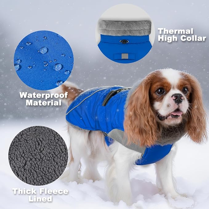 KYEESE Waterproof Dog Coat, Windproof Warm Winter Jacket with Thick Fleece Lined, Cozy Turtleneck Dog Coats for Large Dogs with Leash Hole, Reflective Outdoor Cold Weather Coat, Blue, XXX-Large