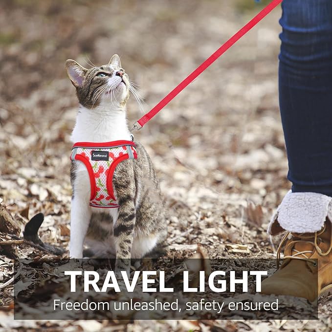 SCENEREAL Cat Harness & Leash Set Escape Proof - Adjustable Air Mesh Vest with Reflective Strips for Kittens, Puppies, Rabbits, Cherry M
