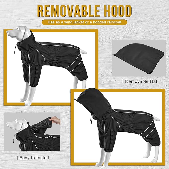 OneTigris Dog Raincoat with Hood for Medium Large Dogs, Waterproof & Reflective, 4 Legs Dog Rain Jacket Adjustable Puppy Poncho for The Rain and Snow (Black, Large)