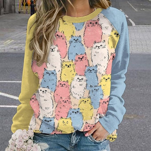 Abstract Cute Cat Shirts for Women Long Sleeve Lady Crewneck Pullover Sweatshirt Fall Winter Oversized Tops