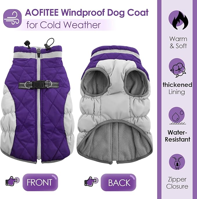 AOFITEE Dog Coat, Warm Dog Winter Coat, Reflective Turtleneck Large Dogs Jacket with Harness Built in, Turtleneck Pet Winter Jacket, Waterproof Pet Snow Jackets Fleece Vest, Purple XL
