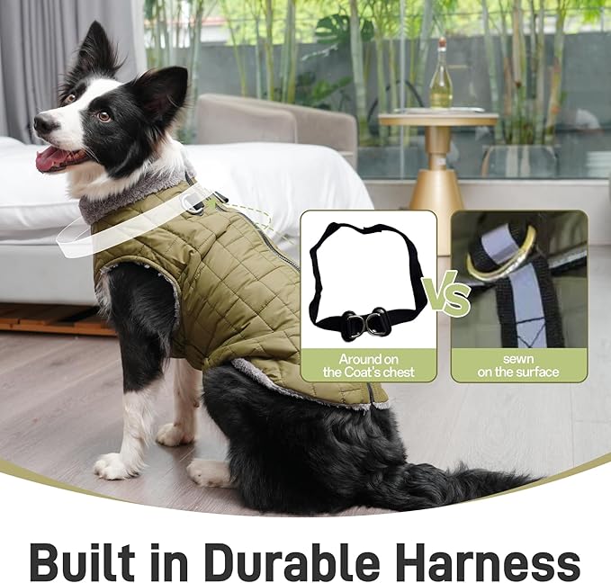 Warm Fleece Dog Coats with Durable Harness Buitl in D-Ring,Waterproof Doggie Jacket for Large Dogs,Dog Vest for Cold Winter,Green XXXL