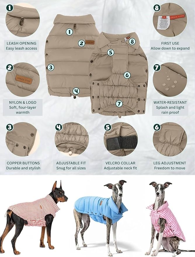 SPACE LION Dog Puffer Jacket, Down Winter Coat, Durable Outdoor Coat for Cold and Windy Conditions, Waterproof, Lightweight Jacket, Adjustable Fit for Small, Medium, Large Dogs(Camel,28/4XL)