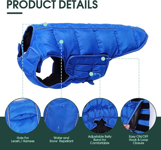 Kuoser Dog Puffer Jacket Warm Dog Coat for Extra Small Dogs, Windproof Reflective Pet Padded Vest Cold Weather Clothes Puppy Snowsuit with Hook & Loop Coats, Easy On/Off, Blue XS