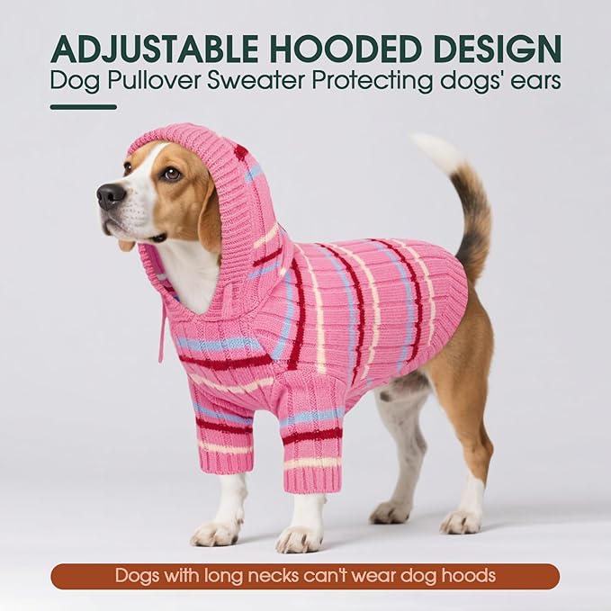 Kuoser Small Dog Sweater, Dog Sweaters for Small Dogs Male, Girl Boy Dogs Christmas Sweater, Hooded Striped Pet Puppy Pullover Sweatshirt Outfits for Chihuahua, Dachshund, Pug, Yorkie, Pink S