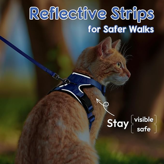 Dooradar Cat Harness and Leash Set, Escape Proof Safe Adjustable Kitten Vest Harnesses for Walking, Easy Control Soft Breathable Mesh Jacket with Reflective Strips for Cats, Blue, XXS