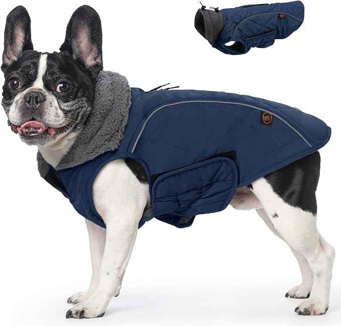 EMUST Winter Dog Coats, Fleece Pet Apparel for Cold Weather, British Style Windproof Warm Dog Jacket for Small Pet Coats for Winter, Dark Blue, XS