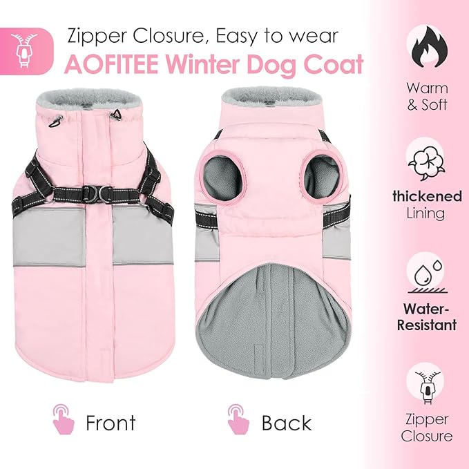 AOFITEE Dog Coat Warm Dog Winter Coat, Waterproof Dogs Jacket with Harness, Dogs Snow Jacket Snowsuit with Zipper & Furry Collar, Reflective Windproof Pet Sweater for Cold Weather, French Bulldog, L