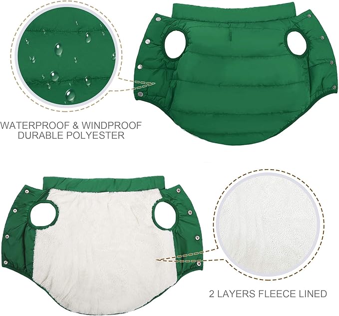 ASENKU Dog Winter Coat - Waterproof Windproof Dog Jacket, Warm Snowproof Doggie Puffer Vest for Cold Weather, Lightweight Snow Coats for Small Medium Large Dogs (XXXL, Green)