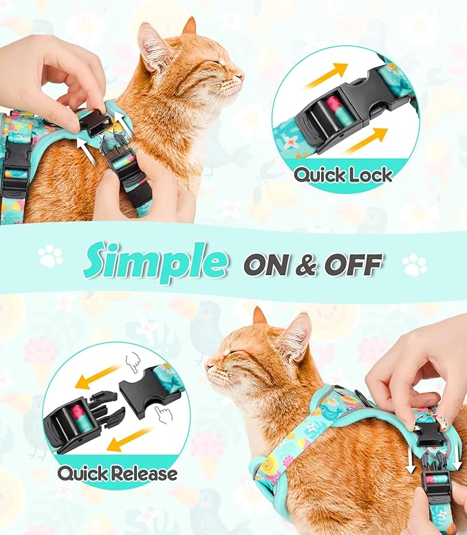Halypet Cat Harness and Leash Set[MAX Safety 4th-Gen] Cute Escape Proof Vest Harness for Girl&Boy Cat Walking, Comfortable Adjustable Leash and Reflective Strips for Outdoor Kitten, S Green Tropics