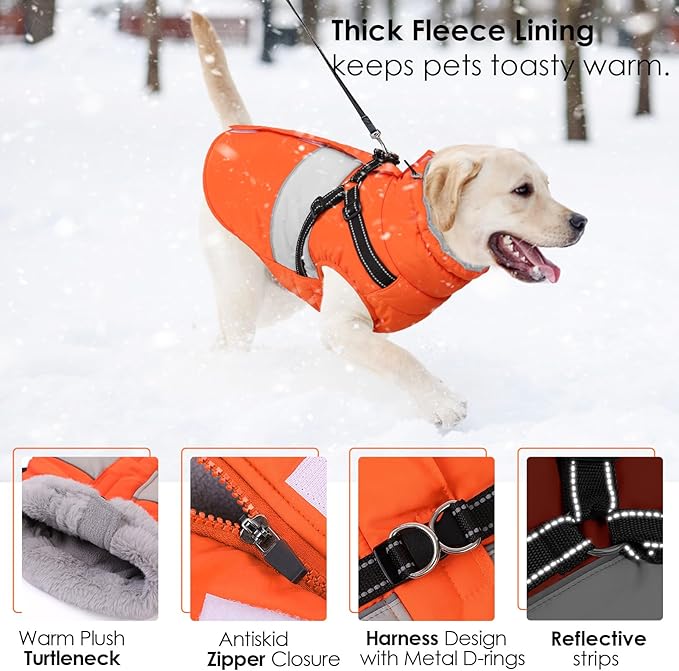 AOFITEE Dog Coat, Waterproof Dog Jacket Winter, Dogs Coat with Harness Built in, Warm Dogs Puffer Jacket with Zipper, Reflective Pet Snowsuit Sweater for Dachshund, French Bulldog, Boston Terrier, M