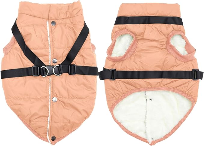 Dog Jacket with Harness,Fleece Lined Warm Puppy Coat for Winter,Soft Windproof Small Dog Vest,LightOrange M