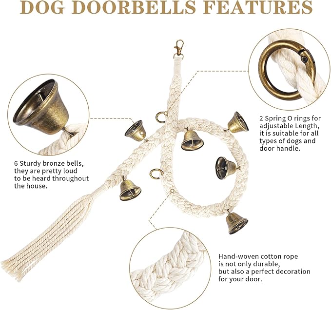 2 Pack Dog Bells for Door Potty Training, Handwoven Cotton Rope Dog Doorbell with 6 Extra Loud Bells, Adjustable Dog Door Bells for Small Medium Large Dogs to Ring to Go Outside, Beige