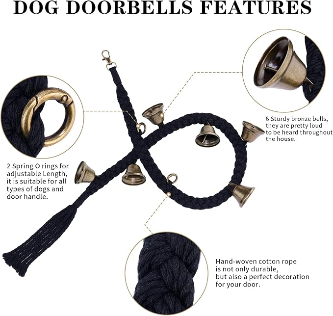 2 Pack Dog Bells for Door Potty Training, Handwoven Cotton Rope Dog Doorbell with 6 Extra Loud Bells, Adjustable Dog Door Bells for Small Medium Large Dogs to Ring to Go Outside, Black