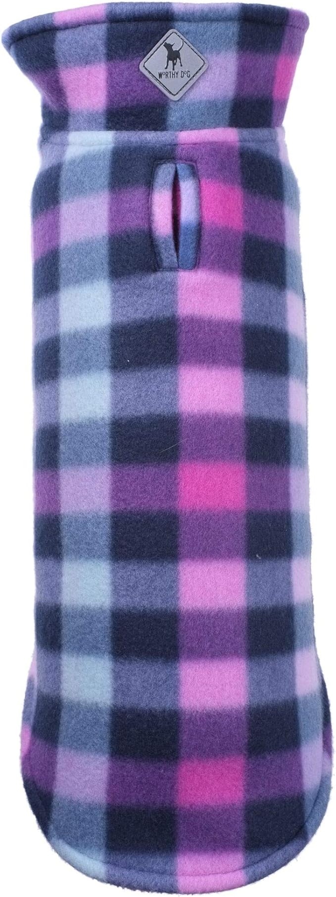 The Worthy Dog Fargo Fleece Check Dog Jacket, Adjustable Reversible with Harness Hole, Wind-Resistant, Winter Outdoor Clothes for Pets, Purple - 16''