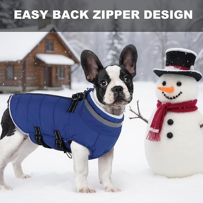 Small Dog Coat with Harness Built-in, Waterproof Reflective Fleece Lined - Warm Windproof Winter Jacket with Back Zipper, Cold Weather Snow Dog Coats - Blue - XS