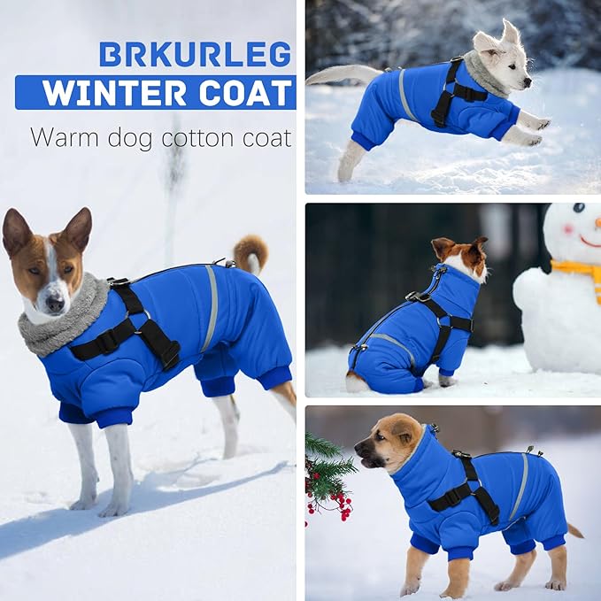 BRKURLEG Blue Dog Winter Coat, Cozy Winter Dog Jackets, Small Dogs Coat with Harness, Onesie Body Warm Puppy Christmas Jacket, Pet Reflective Cold Weather Jackets, Puppy Four-Legged Puffer Coats, M